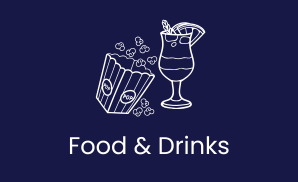 Icon einer Popcorntüte und Cocktailglas auf dunkelblauem Hintergrund, darunter der Schriftzug FunFood