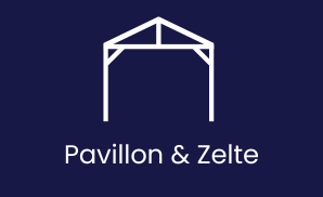 Icon eines Zeltes auf dunkelblauem Hintergrund, darunter der Schriftzug Pavillon & Zelte