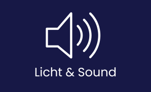Icon eines Lautstärkesymbols auf dunkelblauem Hintergrund, darunter der Schriftzug Licht & Sound