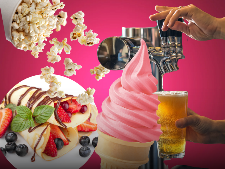 Popcorn, Dessert mit Früchten, Eistüte und ein Glas Bier auf pinkem Hintergrund.