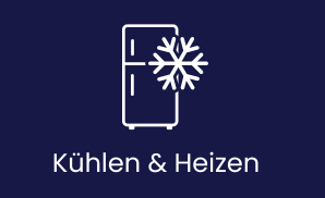 Icon eine Kühlschranks mit Frostsymbol auf dunkelblauem Hintergrund, darunter der Schriftzug Kühlen und Heizen