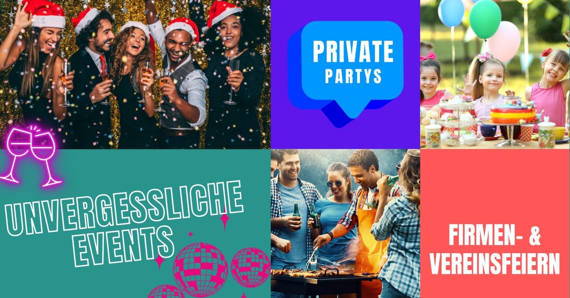 Verschiedene festliche Veranstaltungen und private Feiern mit fröhlichen Menschen.