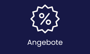 Icon eines Angebot-Symbol für satte Rabatte auf dunkelblauem Hintergrund, darunter der Schriftzug Angebote