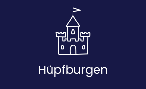 Icon einer Hüpfburg auf dunkelblauem Hintergrund, darunter der Schriftzug Hüpfburgen